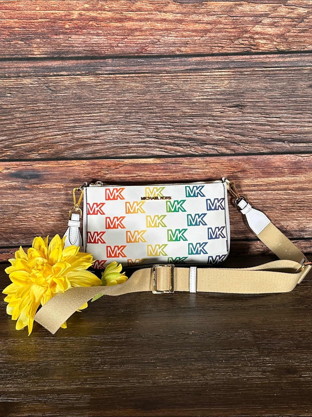 Michael Kors White Jet Set Crossbody with Rainbow MK Logo and Beige Strap